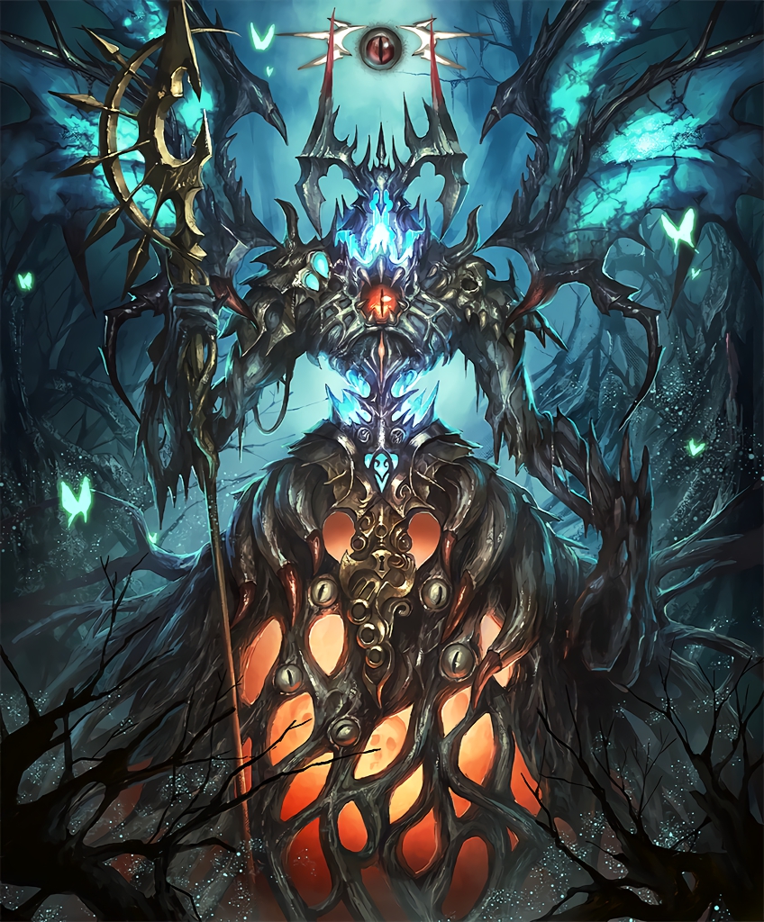 artist_request bat_wings butterfly cygames deepwood_anomaly extra_eyes floating_eye glowing holding holding_staff lock no_humans official_art shadowverse shingeki_no_bahamut staff tree wings