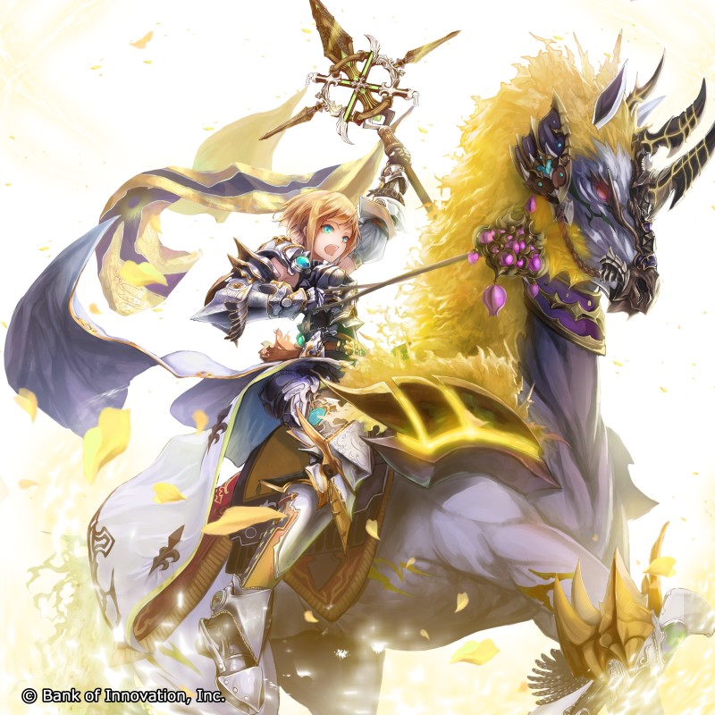 1girl :o androgynous aqua_eyes arm_up armor bank_of_innovation boots brown_hair cryptract gauntlets greaves horns horseback_riding melissa_(cryptract) official_art polearm red_eyes reins riding saddle short_hair weapon