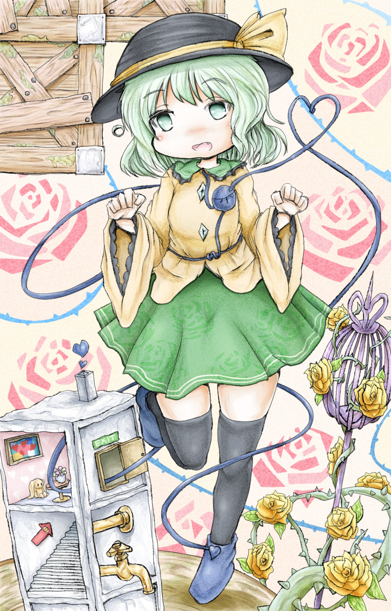 1girl ankle_boots birdcage black_legwear blouse blush_stickers boots cage curled_fingers directional_arrow doll_house fang faucet flower folded_leg frilled_sleeves frills green_eyes green_hair green_skirt hands_up hat hat_ribbon head_tilt heart heart_of_string highres komeiji_koishi long_sleeves looking_at_viewer open_mouth patterned_background red_rose ribbon rose rose_background short_hair skirt solo standing standing_on_one_leg thigh-highs third_eye thorns tiptoes touhou yellow_blouse yellow_rose ys_(ytoskyoku-57)