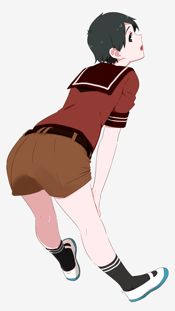 10s 1girl alternate_costume bent_over black_eyes black_hair black_legwear brown_sailor_collar brown_serafuku brown_shorts from_behind full_body kantai_collection mogami_(kantai_collection) ojipon school_uniform serafuku shoes short_hair short_sleeves shorts simple_background solo standing uwabaki white_background