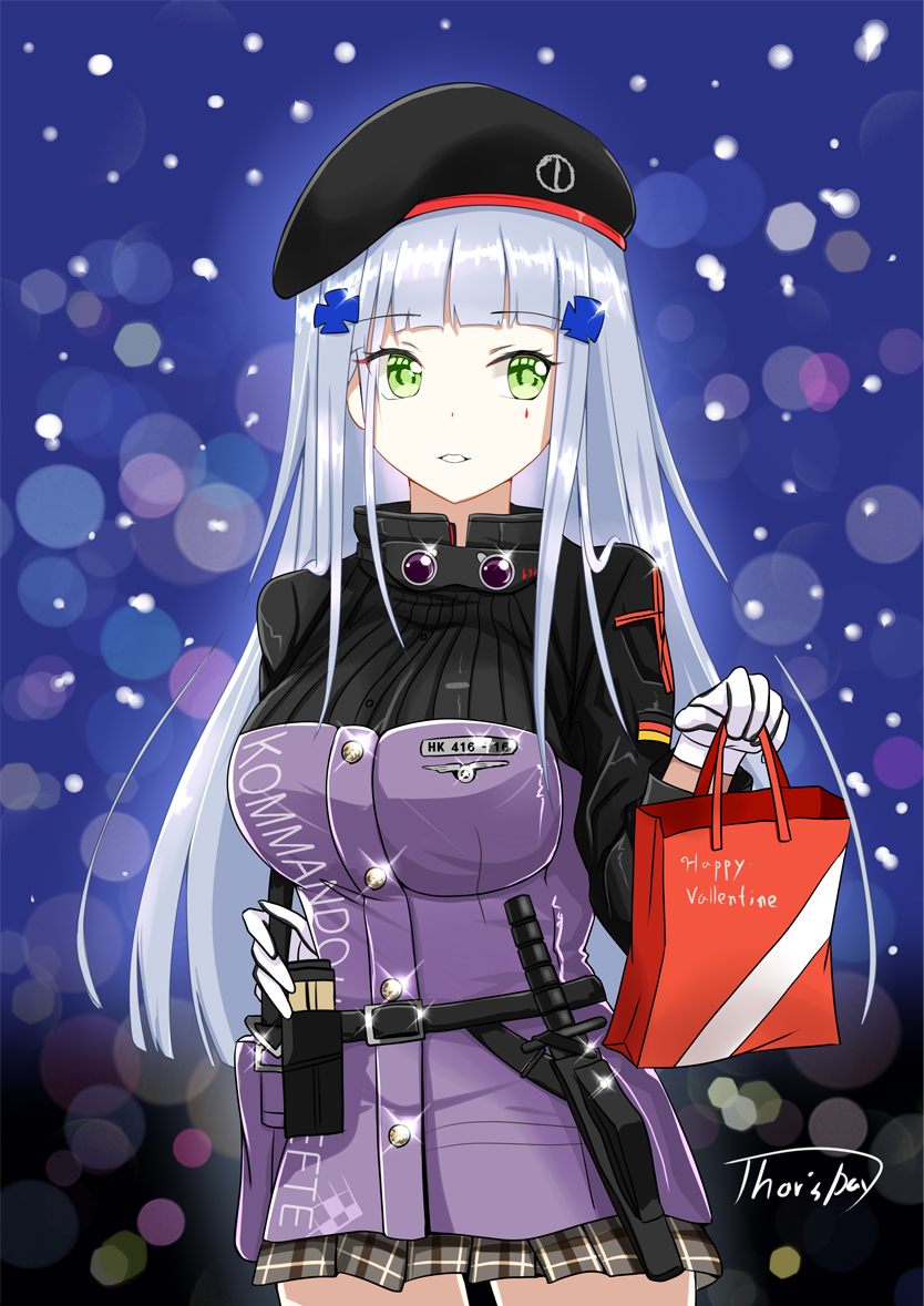 1girl ammunition_pouch bangs belt beret black_legwear blunt_bangs blurry blush bokeh breasts buckle buttons combat_knife depth_of_field eyebrows_visible_through_hair eyes_visible_through_hair facepaint german_flag gift_bag girls_frontline gloves green_eyes hair_ornament hat hk416_(girls_frontline) holding_bag jacket knife knife_holster light_particles long_hair looking_at_viewer open_mouth plaid plaid_skirt pleated_skirt shailiar signature silver_hair skirt smile solo sparkle teardrop thigh-highs thighs valentie weapon white_hair