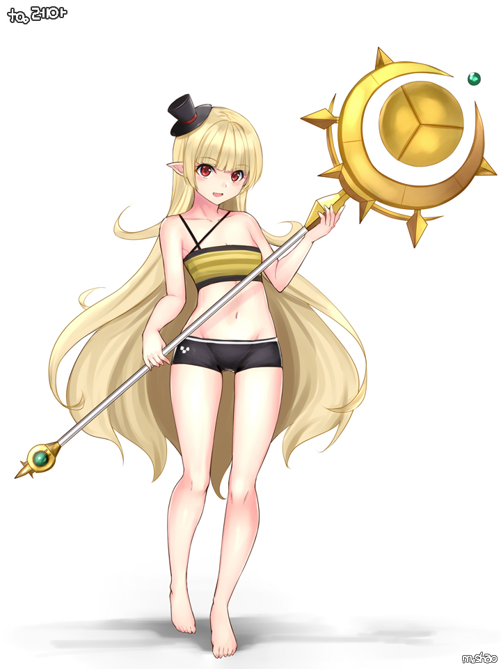 1girl bandeau bangs bare_arms bare_legs bare_shoulders barefoot bike_shorts blonde_hair blunt_bangs blush breasts cleavage collarbone dungeon_and_fighter elf flat_chest full_body groin hat holding holding_staff long_hair looking_at_viewer mage_(dungeon_and_fighter) mini_hat mini_top_hat navel pointy_ears red_eyes shaojiang smile solo staff standing stomach top_hat very_long_hair