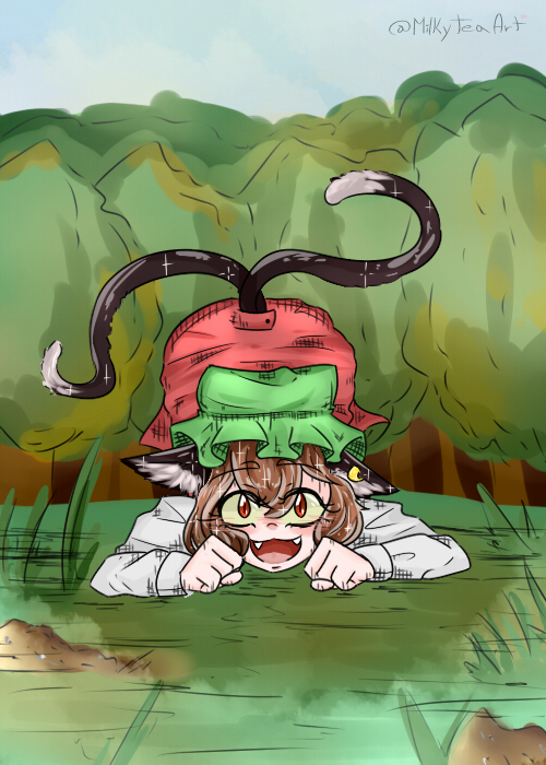 :3 :d animal_ears brown_eyes brown_hair cat_ears chen forest green_hat hat milkyteaart multiple_tails nature open_mouth smile tail touhou two_tails yellow_eyes