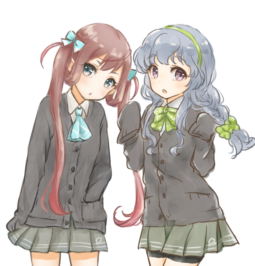 2girls :o asagumo_(kantai_collection) ascot bike_shorts blush bow bowtie braid brown_hair cowboy_shot grey_eyes grey_hair hair_bow hair_rings hand_in_pocket head_tilt headband kantai_collection long_hair long_sleeves multiple_girls nuno_(pppompon) pleated_skirt school_uniform scrunchie shirt skirt sleeves_past_wrists sweater teeth very_long_hair violet_eyes white_shirt yamagumo_(kantai_collection)