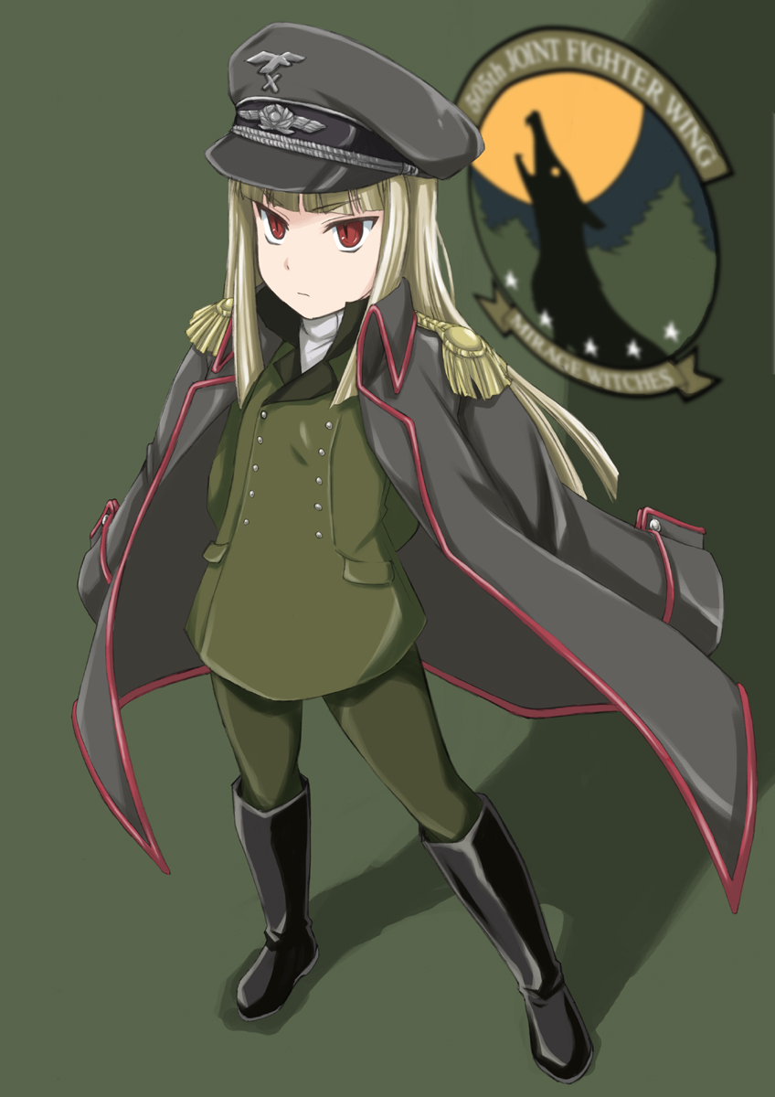 1girl 505th_joint_fighter_wing_(emblem) arms_behind_back bags_under_eyes bangs black_boots black_hat blonde_hair blunt_bangs boots closed_mouth epaulettes full_body green_background green_jacket green_pants grete_m_gollob hat highres jacket jacket_on_shoulders knee_boots long_hair long_sleeves looking_at_viewer military military_hat military_uniform pants peaked_cap red_eyes serious simple_background solo standing strike_witches uniform wanyan_aguda world_witches_series