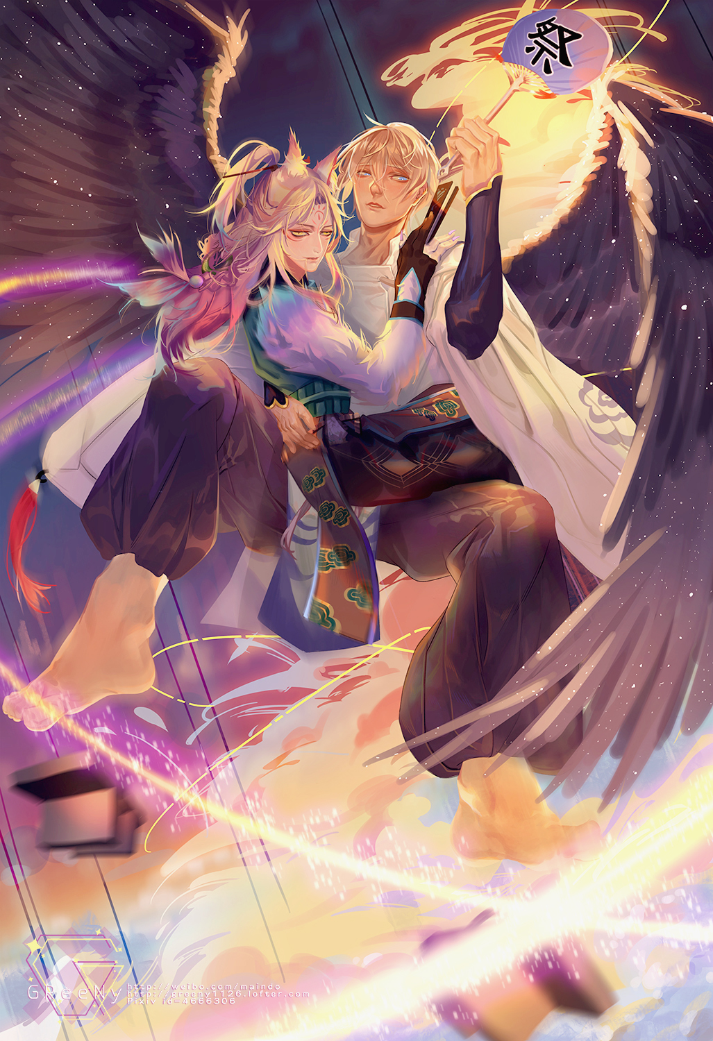 2boys animal_ears artist_name barefoot black_wings blue_eyes braid character_request daitengu fan footwear_removed geta greeny_(maindo) hair_ornament hair_stick highres long_hair looking_at_viewer multiple_boys onmyoji paper_fan pink_hair tattoo watermark web_address white_hair wings yellow_eyes