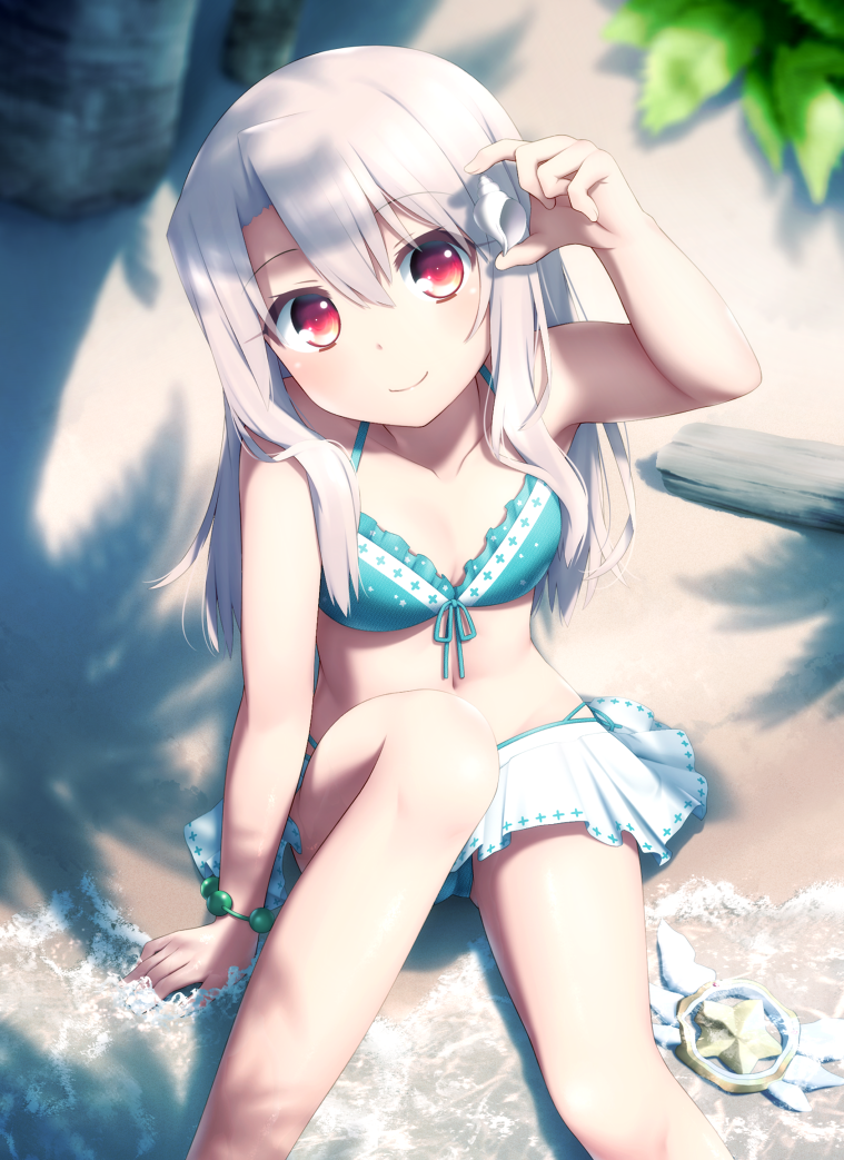 1girl bangs beach bikini bikini_skirt blue_bikini blurry blush bracelet commentary_request conch day eyebrows_visible_through_hair fate/kaleid_liner_prisma_illya fate_(series) from_above front-tie_top hair_between_eyes haribote_(tarao) holding illyasviel_von_einzbern jewelry kaleidostick long_hair magical_ruby navel ocean outdoors red_eyes sand seashell shade shell sitting solo swimsuit tree wand water white_hair