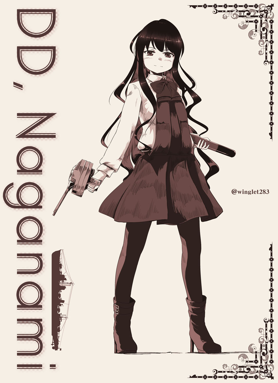 1girl black_hair boots border commentary full_body grey_background high_heel_boots high_heels highres holding holding_torpedo holding_turret kantai_collection light_smile long_hair monochrome multicolored_hair naganami_(destroyer) naganami_(kantai_collection) pantyhose silhouette simple_background skirt solo torpedo tsubasa_(abchipika) twitter_username two-tone_hair very_long_hair vest wavy_hair