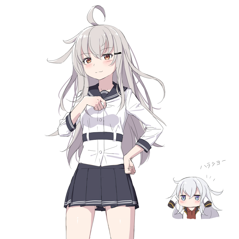 2girls :3 ahoge alternate_costume black_skirt blue_eyes blush breasts cnm cosplay gangut_(kantai_collection) gangut_(kantai_collection)_(cosplay) hair_ornament hairclip hibiki_(kantai_collection) jitome kantai_collection looking_at_viewer medium_breasts military military_uniform miniskirt multiple_girls oversized_clothes pleated_skirt red_eyes remodel_(kantai_collection) sailor_collar silver_hair skirt sleeves_past_wrists small_breasts translation_request undersized_clothes uniform verniy_(kantai_collection) verniy_(kantai_collection)_(cosplay) wavy_mouth