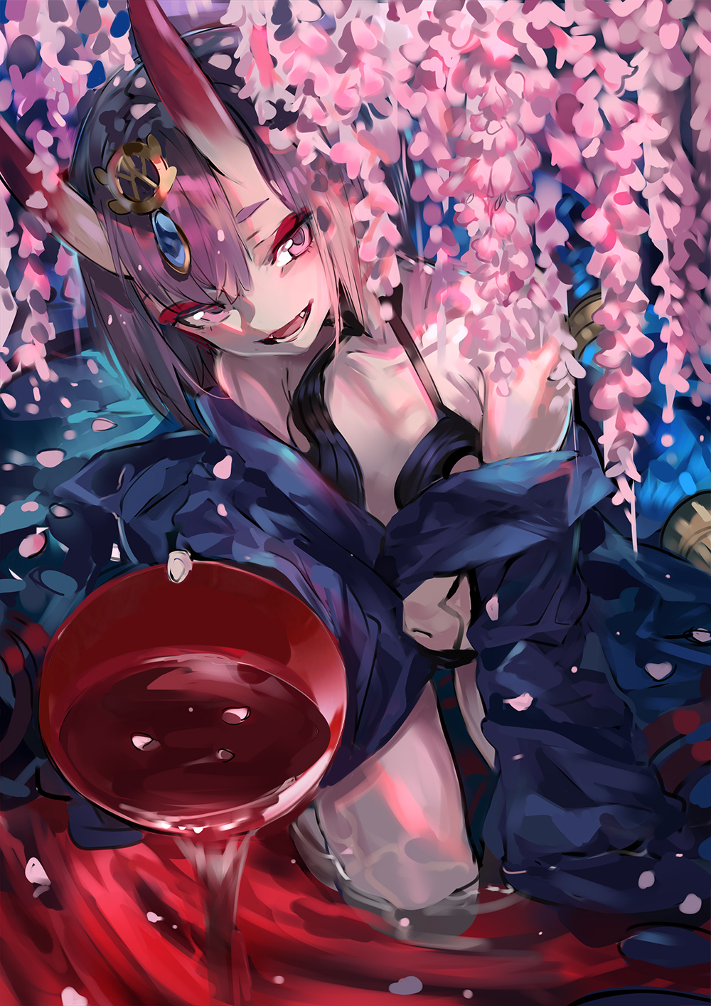 1girl :d alcohol bare_shoulders breasts cherry_blossoms collarbone cup fangs fate/grand_order fate_(series) from_above hair_between_eyes hair_ornament highres japanese_clothes kimono looking_at_viewer looking_up off_shoulder oni oni_horns open_mouth petals purple_hair ran_(pixiv2957827) sakazuki sake short_hair shuten_douji_(fate/grand_order) small_breasts smile solo violet_eyes