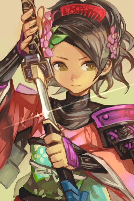 1girl armor black_hair brown_eyes flower hair_flower hair_ornament hankuri holding holding_sword holding_weapon japanese_clothes katana kimono leaf leaf_on_head long_hair momohime oboro_muramasa ponytail solo sword weapon