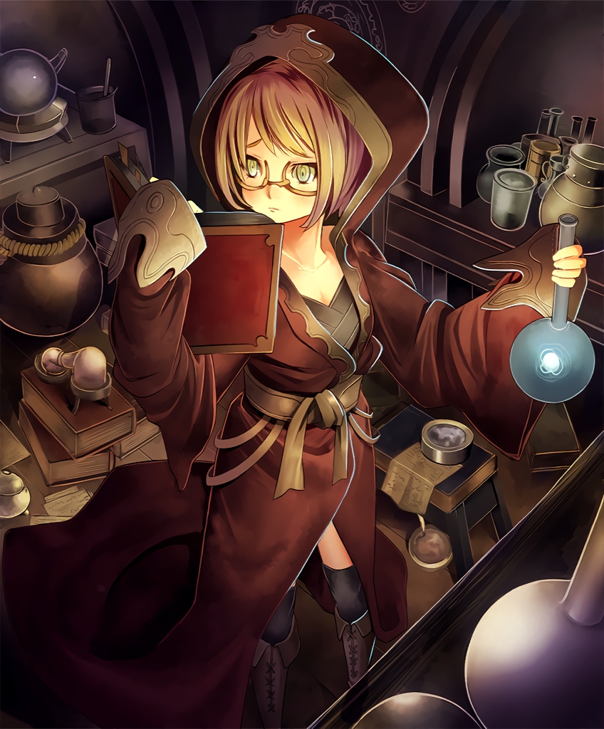 1girl apprentice_alchemist artist_request book boots brown_hair cygames glasses green_eyes hood kneehighs laboratory official_art paper reading shadowverse shingeki_no_bahamut sleeves_past_wrists vial