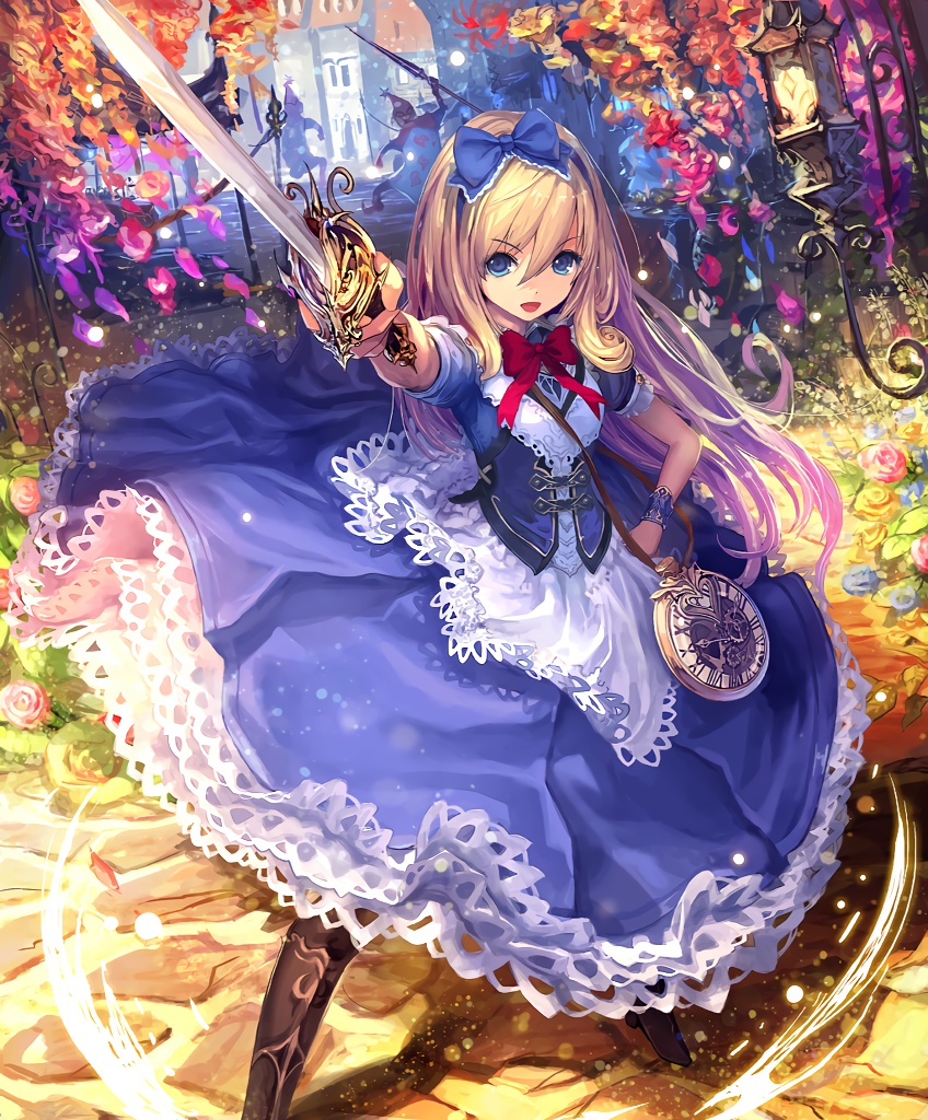 1girl alice_(shingeki_no_bahamut) artist_request blonde_hair blue_eyes boots card clock corset crown cygames dress flower hairband hand_on_hip holding holding_sword holding_weapon lantern long_hair official_art petals playing_card pocket_watch pointing_sword ribbon shadowverse shingeki_no_bahamut sword watch weapon