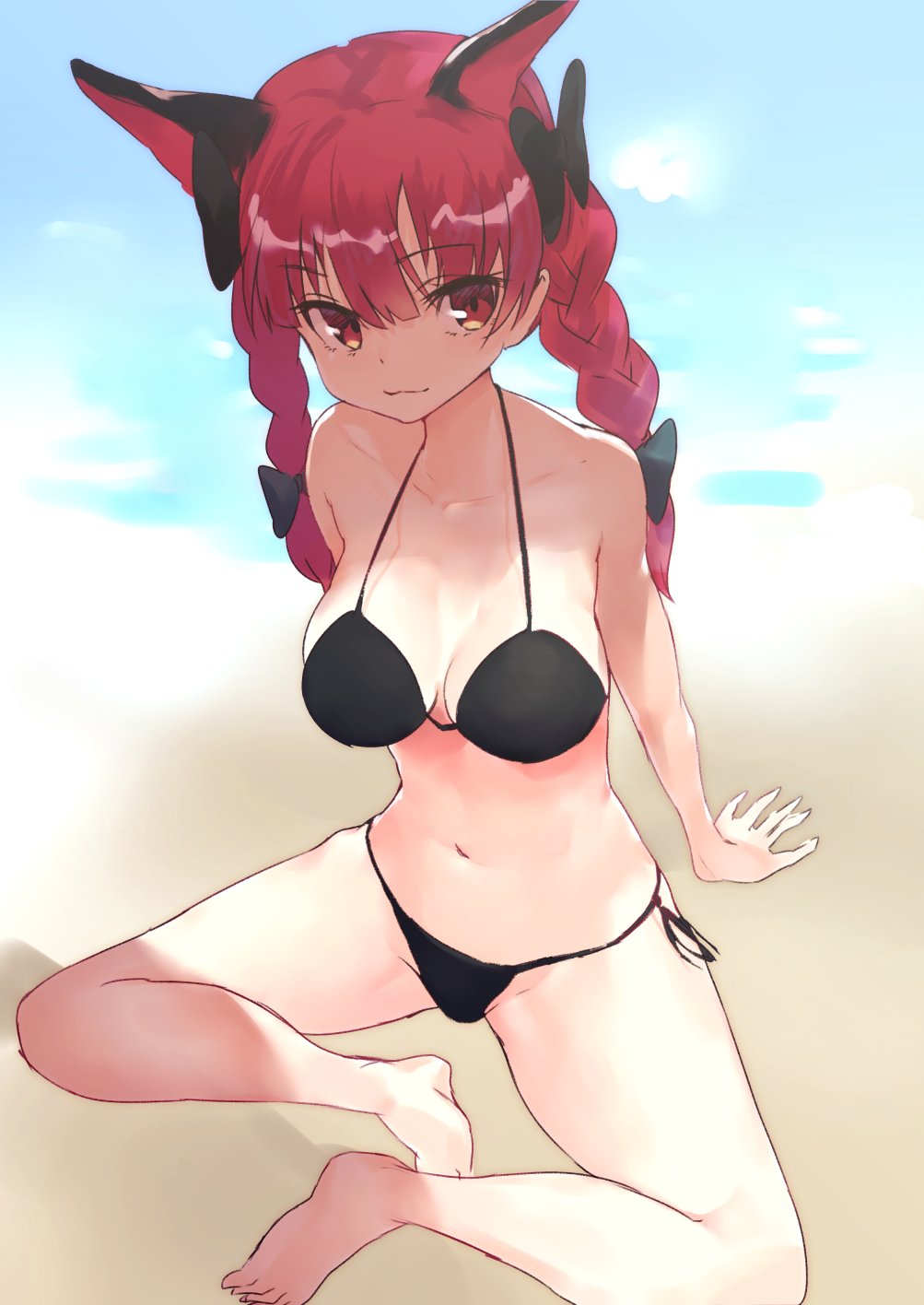 1girl animal_ears asuzemu bikini black_swimsuit braid breasts cat_ears cleavage groin hair_between_eyes highres kaenbyou_rin long_hair medium_breasts navel red_eyes redhead sketch solo strap_gap swimsuit touhou twin_braids twintails