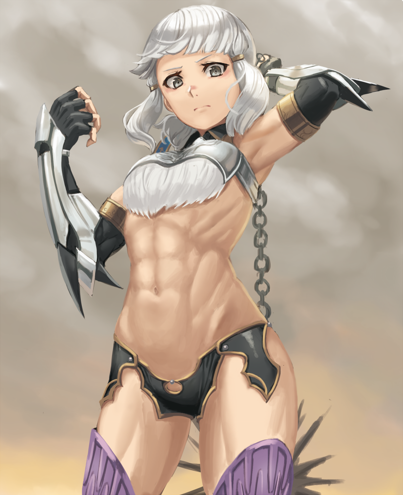 1girl abs berserker_of_el_dorado breastplate chains fate/grand_order fate_(series) fingerless_gloves flail gauntlets gloves grey_eyes muscle muscular_female penthesilea_(fate/grand_order) ranma_(kamenrideroz) weapon white_hair