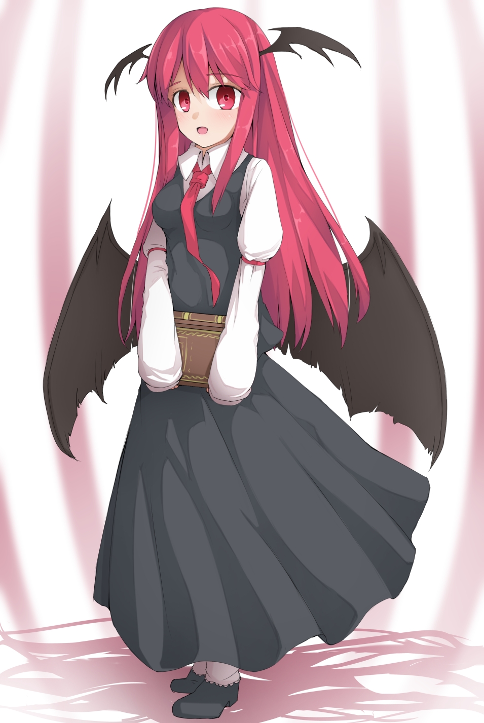 1girl :d bat_wings blush book breasts commentary_request eyebrows_visible_through_hair full_body head_wings highres holding holding_book koakuma long_hair looking_at_viewer low_wings necktie open_mouth red_eyes red_necktie redhead shoes simple_background smile solo touhou uumaru very_long_hair white_background wings