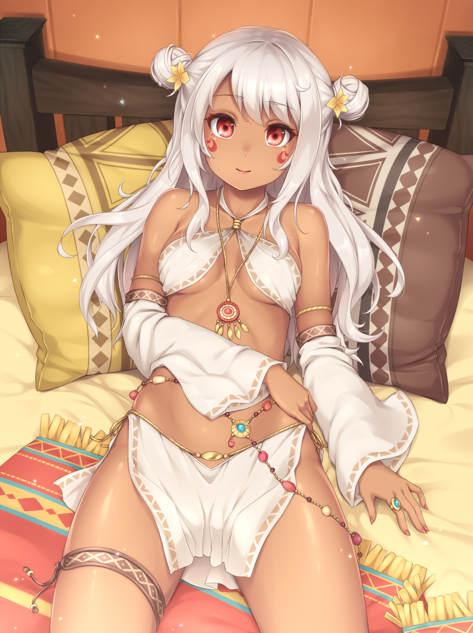 1girl bangs bare_shoulders blush breasts cleavage collarbone commentary_request dark_skin detached_sleeves double_bun eyebrows_visible_through_hair facial_mark flower hair_flower hair_ornament highres jewelry loincloth long_hair looking_at_viewer nail_polish necklace original red_eyes ring sand-rain sasaame silver_hair sitting smile solo thigh_strap