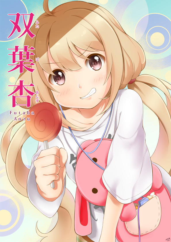 &gt;:d 1girl :d ahoge bangs blonde_hair blush breasts brown_eyes candy character_name circle collarbone digital_media_player earphones earphones eyebrows_visible_through_hair food futaba_anzu grin hair_tie holding holding_lollipop holding_stuffed_animal idolmaster idolmaster_cinderella_girls lollipop long_hair looking_at_viewer low_twintails multicolored multicolored_background open_mouth oversized_clothes sasha_chii shirt short_sleeves sidelocks signature small_breasts smile solo stuffed_animal stuffed_bunny stuffed_toy swirl_lollipop t-shirt teeth twintails upper_body very_long_hair white_shirt