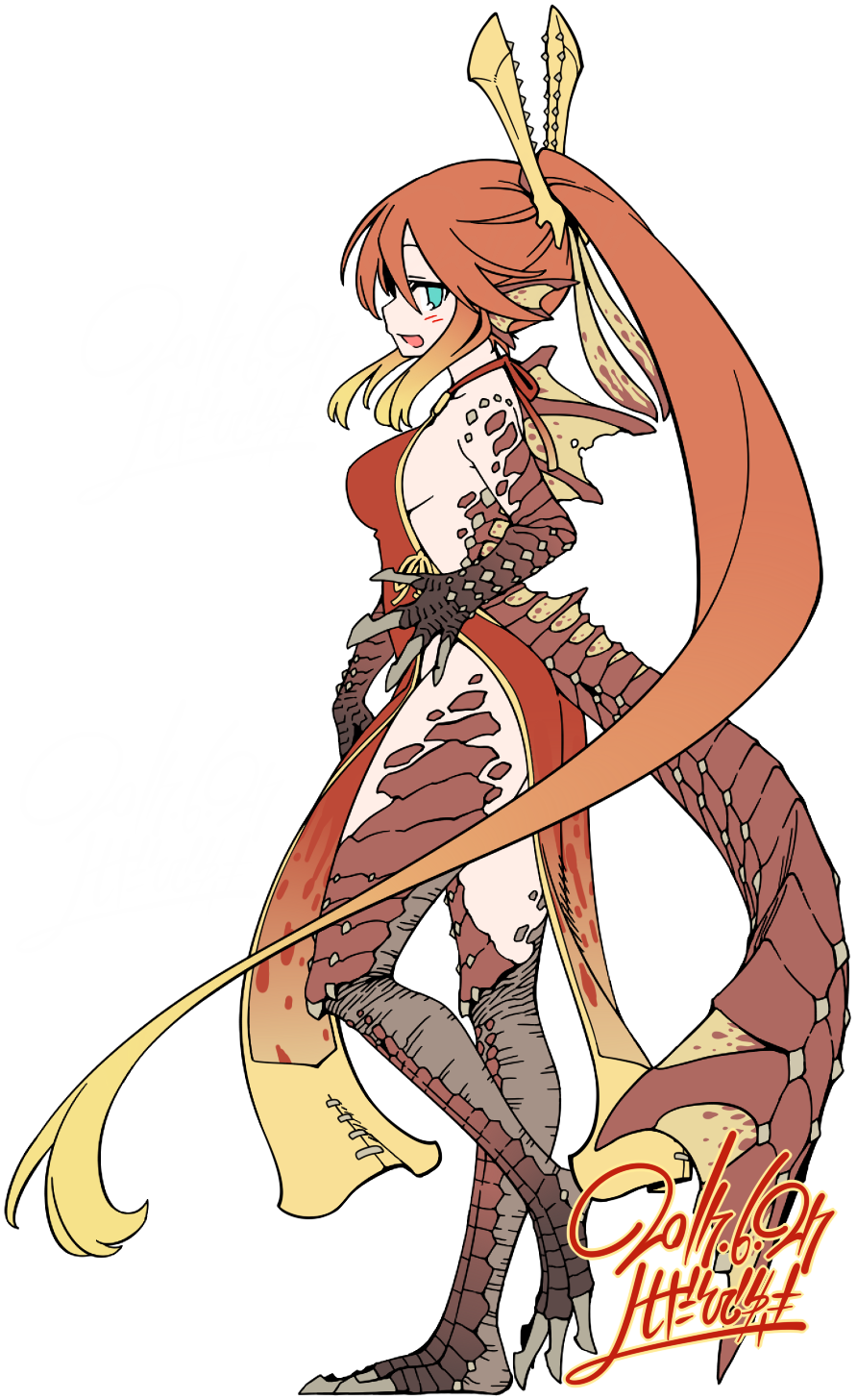 1girl 2017 agnaktor blush breasts china_dress chinese_clothes claws dated dragon_ears dragon_girl dress green_eyes hair_ornament highres long_hair monster_hunter multicolored_hair no_pupils open_mouth orange_hair personification ponytail scales side_slit sideboob signature sketch solo tail talons two-tone_hair very_long_hair yoshida_hideyuki