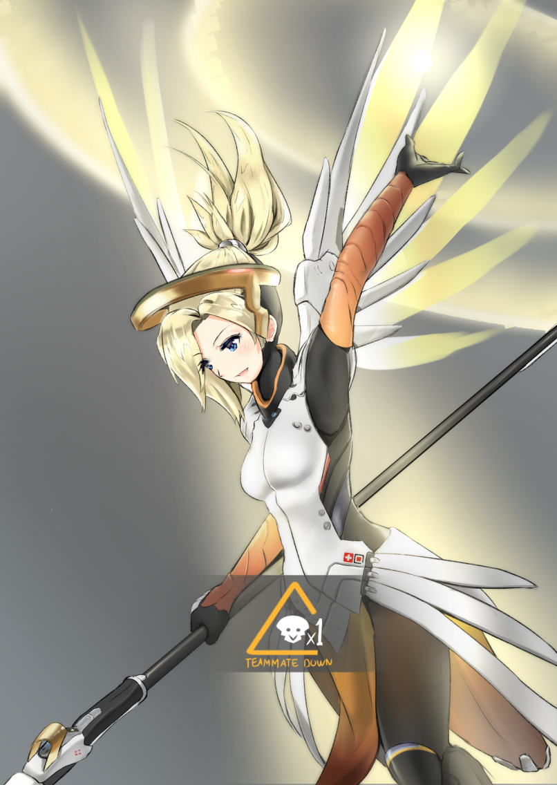 1girl arm_up blonde_hair blue_eyes bodysuit breasts brown_legwear cowboy_shot gameplay_mechanics glowing glowing_wings grey_background hair_tie high_ponytail holding holding_staff light_rays looking_down mechanical_halo mechanical_wings medium_breasts medium_hair mercy_(overwatch) open_mouth overwatch pantyhose pelvic_curtain ponytail simple_background solo spica_(starlitworks) spread_wings staff sunbeam sunlight swiss_flag user_interface white_bodysuit wings yellow_wings
