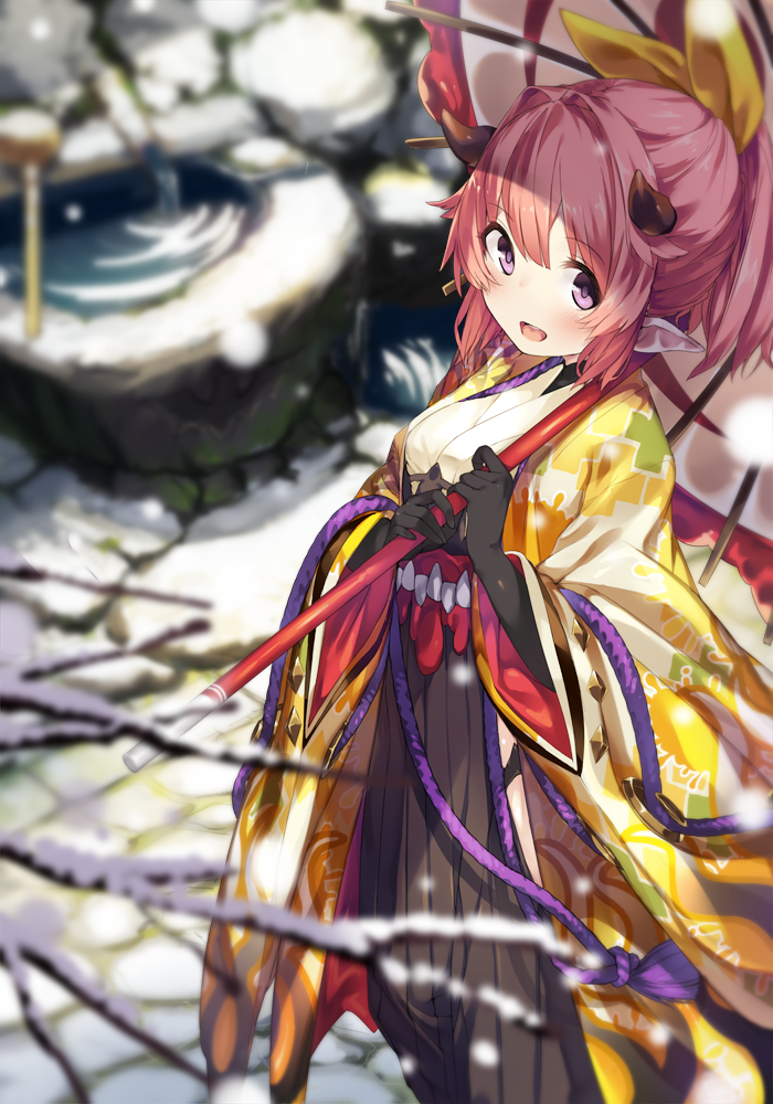 1girl :d black_gloves blurry blush breasts character_request depth_of_field eyebrows_visible_through_hair from_above gloves hair_between_eyes hair_ribbon holding holding_umbrella horns japanese_clothes kimono last_period looking_at_viewer medium_breasts niranome open_mouth oriental_umbrella pink_hair pointy_ears ponytail ribbon smile snow snowing solo standing tree_branch umbrella violet_eyes water yellow_ribbon