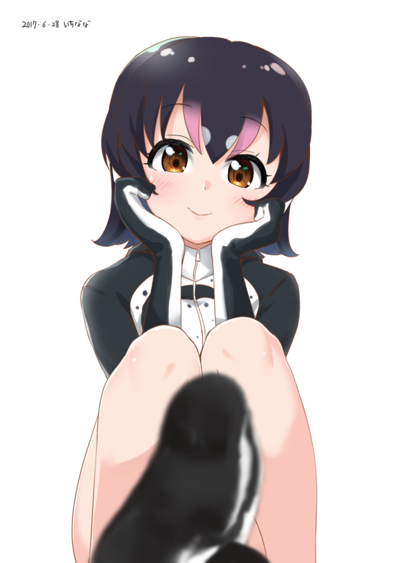 black_hair blush grape-kun headphones humboldt_penguin humboldt_penguin_(kemono_friends) jacket kemono_friends mokyutan multicolored_hair pink_hair short_hair simple_background smile streaked_hair white_background