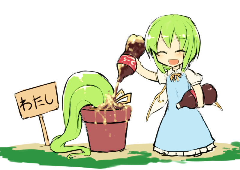 1girl artist_self-insert carrying_under_arm closed_eyes coca-cola coke_bottle comic commentary_request daiyousei dress eyebrows_visible_through_hair fairy_wings flower_pot green_hair kuresento long_hair open_mouth ponytail pouring short_hair short_sleeves sign smile solo standing touhou translation_request what white_background wings