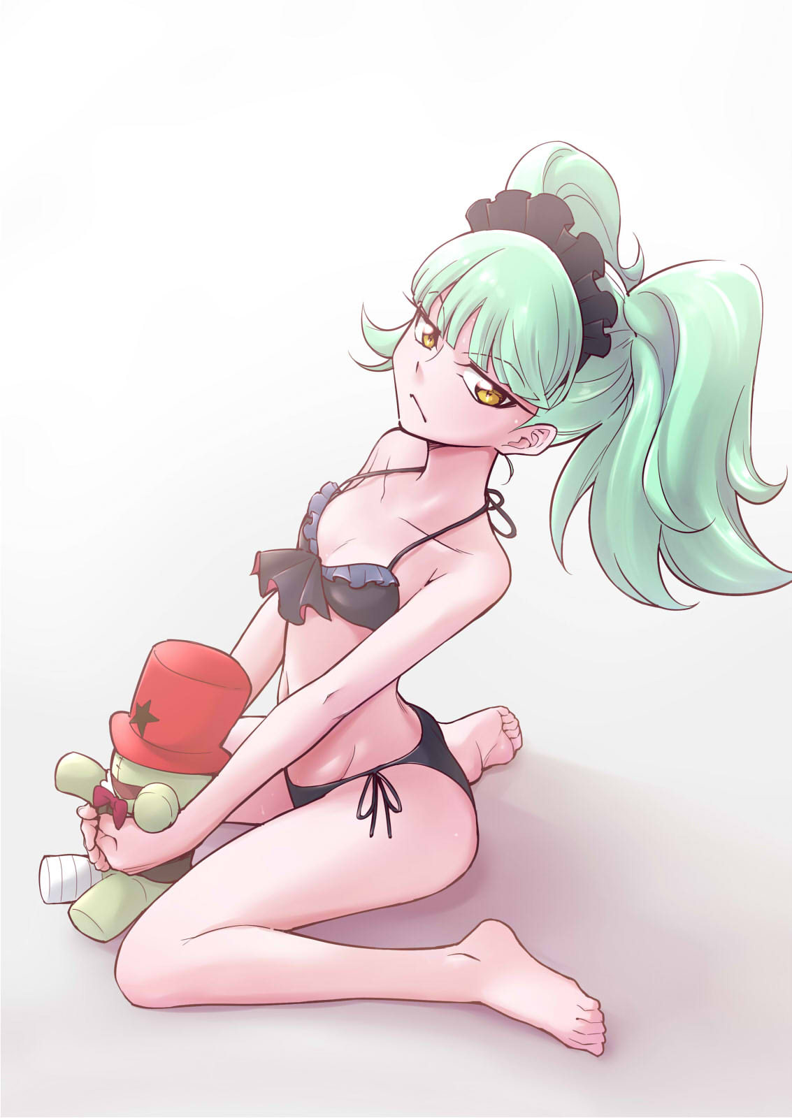 1girl bangs biburi_(precure) bikini black_bikini black_hairband blunt_bangs breasts closed_mouth doll eyebrows_visible_through_hair frilled_hairband gradient gradient_background green_hair grey_background hairband hat highres kirakira_precure_a_la_mode ogry_ching precure red_hat short_hair side-tie_bikini sitting small_breasts solo star swimsuit twintails wariza white_background yellow_eyes