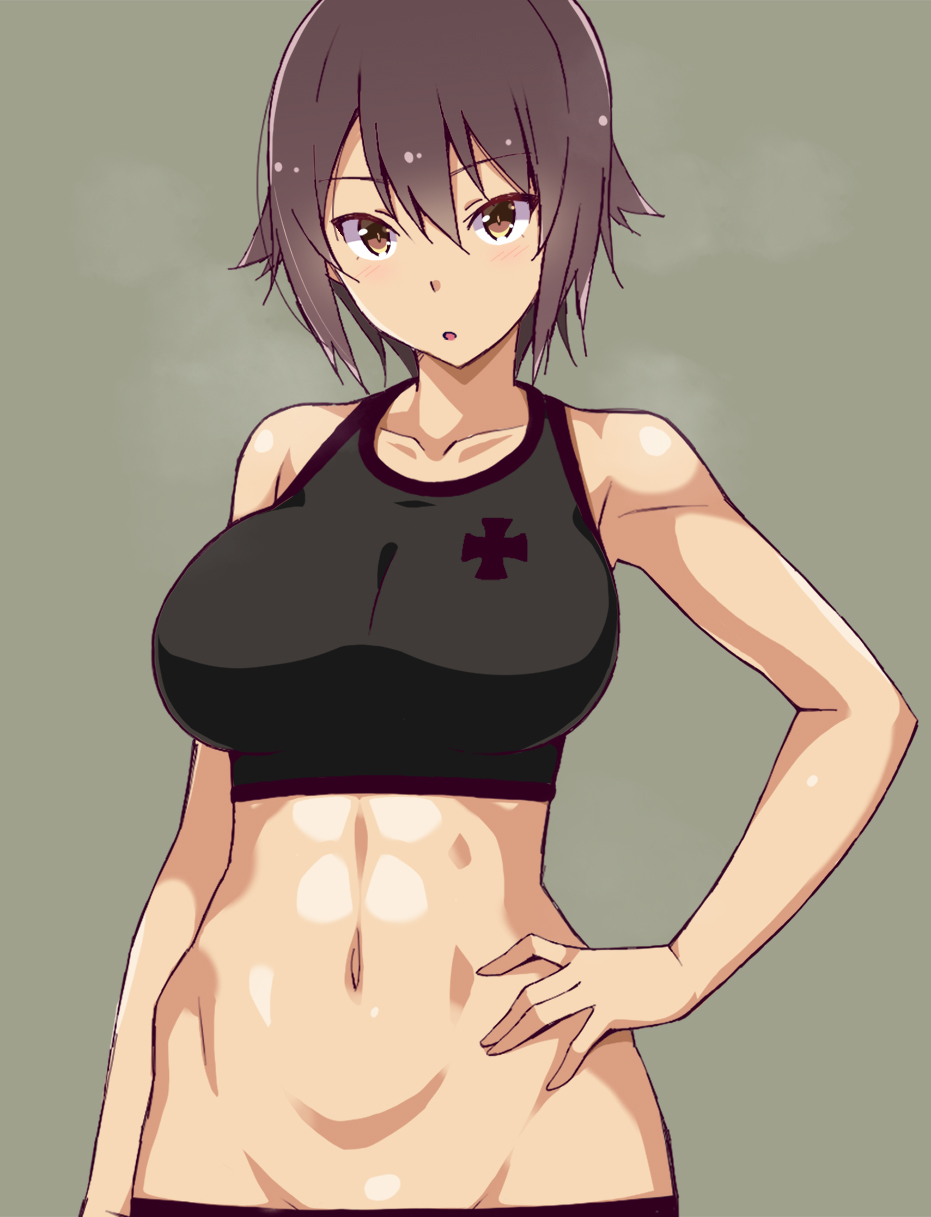 1girl abs astroguy2 bangs brown_eyes brown_hair emblem girls_und_panzer hand_on_hip highres iron_cross looking_at_viewer navel nishizumi_maho parted_lips short_hair solo sports_bra standing steam upper_body