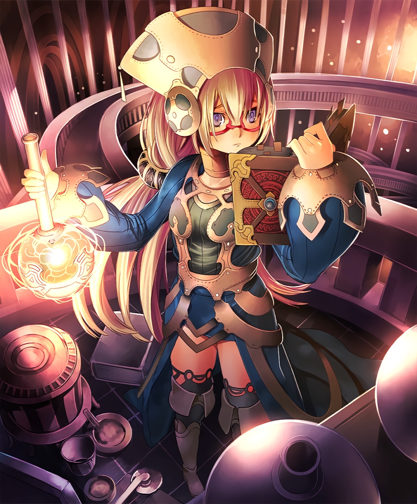 1girl apprentice_alchemist artist_request blonde_hair book boots cygames glasses glowing hat kneehighs long_hair official_art reading shadowverse shingeki_no_bahamut vial violet_eyes