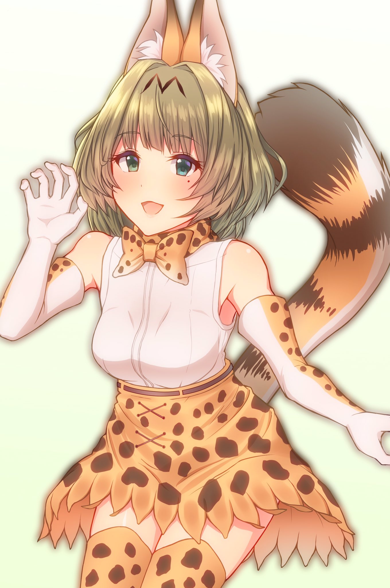 1girl animal_ears bare_shoulders blue_eyes blush bow bowtie breasts brown_hair claw_pose commentary_request cosplay elbow_gloves gloves green_eyes heterochromia highres idolmaster idolmaster_cinderella_girls keffiy kemono_friends looking_at_viewer mole mole_under_eye open_mouth serval_(kemono_friends) serval_(kemono_friends)_(cosplay) serval_ears serval_print serval_tail short_hair simple_background skirt small_breasts smile solo tail takagaki_kaede thigh-highs