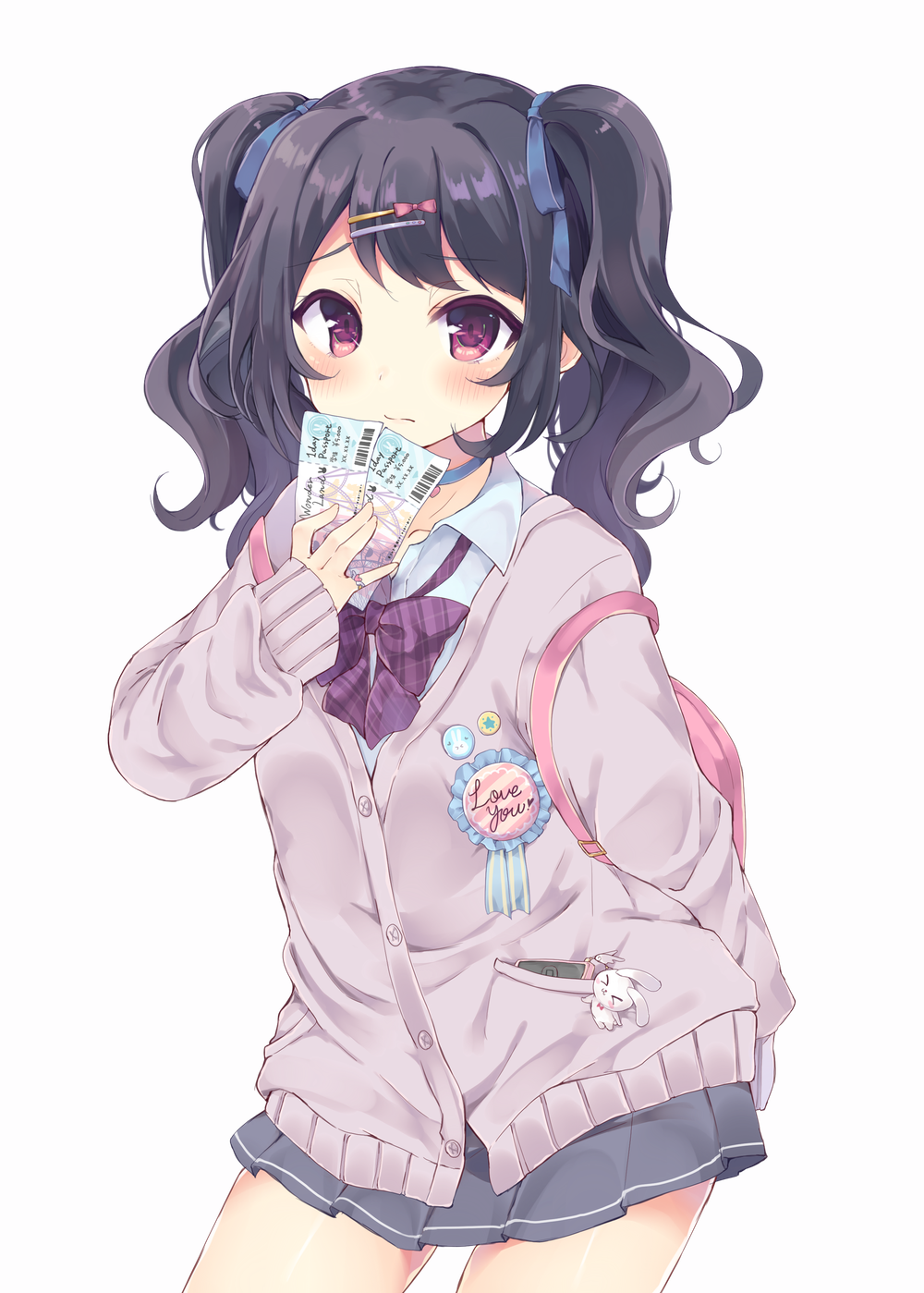 1girl arm_behind_back backpack badge bag bangs black_hair blue_ribbon blush bow bowtie buttons cardigan cellphone choker commentary_request contrapposto cowboy_shot english eyebrows_visible_through_hair hair_ornament hair_ribbon hairclip heart highres holding irone_(miyamiya38) jewelry keychain long_hair long_sleeves looking_at_viewer original phone plaid plaid_bowtie pleated_skirt pocket rabbit ribbon ring school_uniform simple_background skirt sleeves_past_wrists smartphone solo ticket twintails violet_eyes white_background