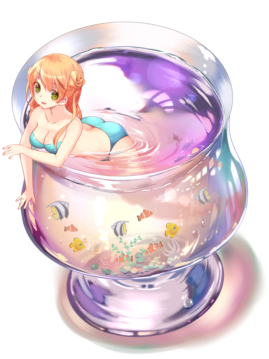 1girl ass blonde_hair blush breasts cleavage cup double_bun drinking_glass eyebrows_visible_through_hair green_eyes highres long_hair looking_at_viewer medium_breasts mintchoco_(orange_shabette) open_mouth original smile solo swimsuit