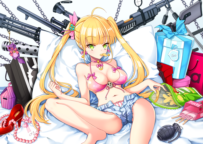 1girl ahoge blonde_hair blue_bow blue_ribbon bow breasts chips cleavage denim denim_shorts eating explosive eyebrows_visible_through_hair food gift green_eyes grenade gun hair_bow high_heels large_breasts long_hair looking_at_viewer original panties pillow pink_bow potato_chips ribbon shoes_removed shorts solo striped twintails uchuu_gorira underwear vertical-striped_panties vertical_stripes weapon