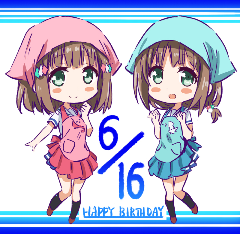 2girls abe_kanari apron black_legwear blue_apron blue_bandana blue_skirt blush_stickers brown_hair chibi dated full_body green_eyes hair_ornament hairclip happy_birthday high_school_fleet kinesaki_akane kinesaki_homare multiple_girls pink_apron pink_bandana pleated_skirt school_uniform serafuku short_hair skirt white_sailor_collar