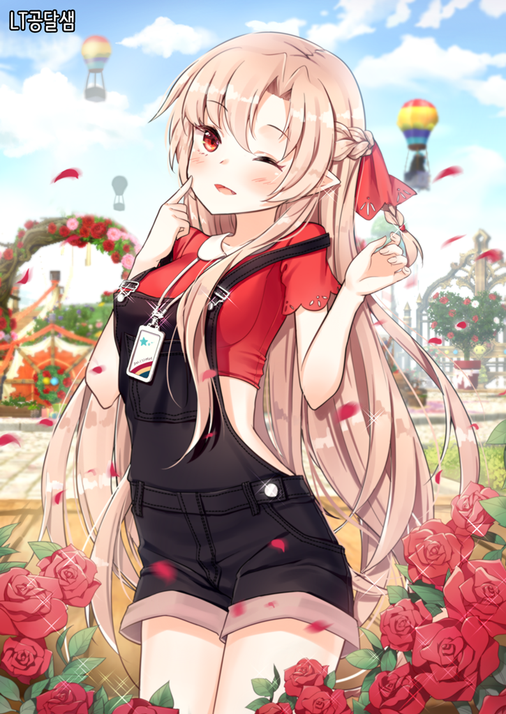 1girl ;) amusement_park blue_sky blurry blush breasts clouds cloudy_sky cowboy_shot crop_top day depth_of_field elf flower hair_ribbon half_updo hot_air_balloon jewriel light_brown_hair long_hair looking_at_viewer mabinogi medium_breasts one_eye_closed outdoors overalls parted_lips petals pointy_ears red_eyes red_ribbon red_rose red_shirt ribbon rose rose_petals shirt short_sleeves sidelocks sky smile solo very_long_hair