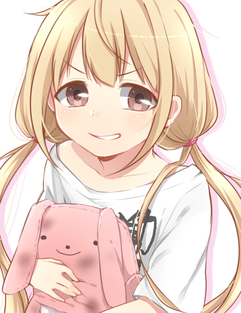 1girl bangs blonde_hair brown_eyes collarbone commentary_request dirty eyebrows_visible_through_hair futaba_anzu hair_tie highres holding holding_stuffed_animal idolmaster idolmaster_cinderella_girls long_hair looking_at_viewer low_twintails oversized_clothes shadow shirt short_sleeves sidelocks simple_background smirk solo stuffed_animal stuffed_bunny stuffed_toy t-shirt teeth twintails upper_body very_long_hair white_background white_shirt yuu_(_yu_5m)