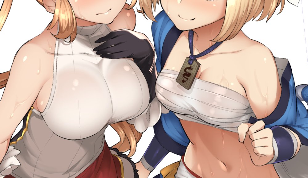 2girls 3: batsu black_gloves blush bracer breasts brown_hair clarisse_(granblue_fantasy) closed_mouth collarbone djeeta_(granblue_fantasy) gloves granblue_fantasy hand_on_own_chest head_out_of_frame jewelry large_breasts long_hair medium_breasts midriff multiple_girls navel necklace off_shoulder ribbed_sweater sarashi shirt short_hair skirt sleeveless sleeveless_shirt smile sweat sweat_stain sweater sweating turtleneck very_long_hair wet