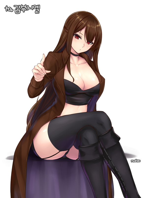 1girl black_boots black_legwear black_panties blush boots breasts brown_coat brown_hair choker cleavage closed_mouth coat collarbone cross-laced_footwear garter_straps hair_between_eyes half_updo lace-up_boots large_breasts legs_crossed long_hair looking_at_viewer mabinogi open_clothes open_coat panties pantyshot pantyshot_(sitting) red_eyes shaojiang sitting solo strapless thigh-highs tubetop underwear very_long_hair