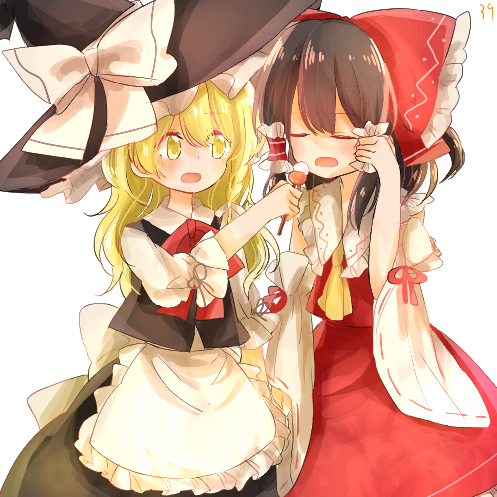 2girls apron blonde_hair blush bow chocolate_hair dango detached_sleeves feeding food frilled_shirt_collar frills hair_bow hair_ribbon hair_tubes hakurei_reimu hand_holding hat hat_bow hat_ribbon holding holding_hair kirisame_marisa kosencha large_bow long_hair long_skirt long_sleeves multiple_girls open_mouth ribbon skirt skirt_set touhou vest wagashi waist_apron wide_sleeves witch_hat yellow_eyes yuri