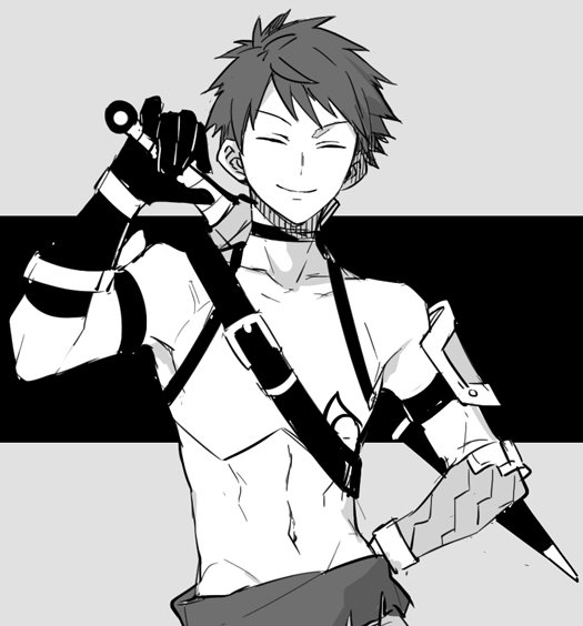 1boy belt closed_eyes fate/grand_order fate_(series) fergus_mac_roich_(young)_(fate/grand_order) gloves greyscale hand_on_hip male_focus monochrome short_hair sleeveless smile solo sword weapon