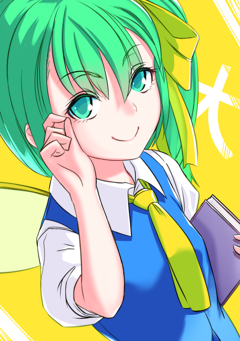 1girl bangs blue_dress book closed_mouth daiyousei dress fairy_wings green_eyes green_hair hoshara looking_at_viewer necktie puffy_short_sleeves puffy_sleeves short_sleeves side_ponytail smile solo touhou upper_body wings yellow_necktie