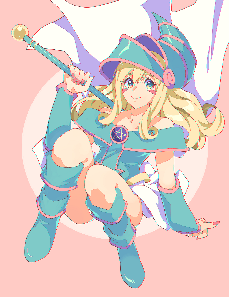 1girl bare_shoulders blonde_hair blush_stickers boots cape dark_magician_girl duel_monster full_body hat highres kamameshi_gougou_maru long_sleeves looking_at_viewer sitting skirt smile solo staff vambraces white_skirt wizard_hat yellow_eyes yu-gi-oh!