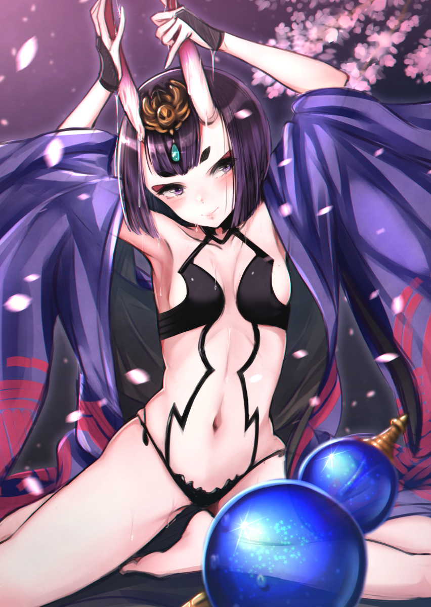 1girl armpits arms_up bangs bare_legs bare_shoulders barefoot black_gloves blunt_bangs blurry blush breasts bridal_gauntlets cherry_blossoms closed_mouth collar collarbone eyeshadow fate_(series) glint gloves gourd highres horns japanese_clothes kimono long_sleeves looking_at_viewer makeup motion_blur navel off_shoulder oni_horns open_clothes open_kimono pecolondon petals revealing_clothes revision short_hair shuten_douji_(fate/grand_order) sideboob sitting small_breasts smile solo stomach thick_eyebrows thighs tree tsurime water water_drop wet wet_hair wide_sleeves