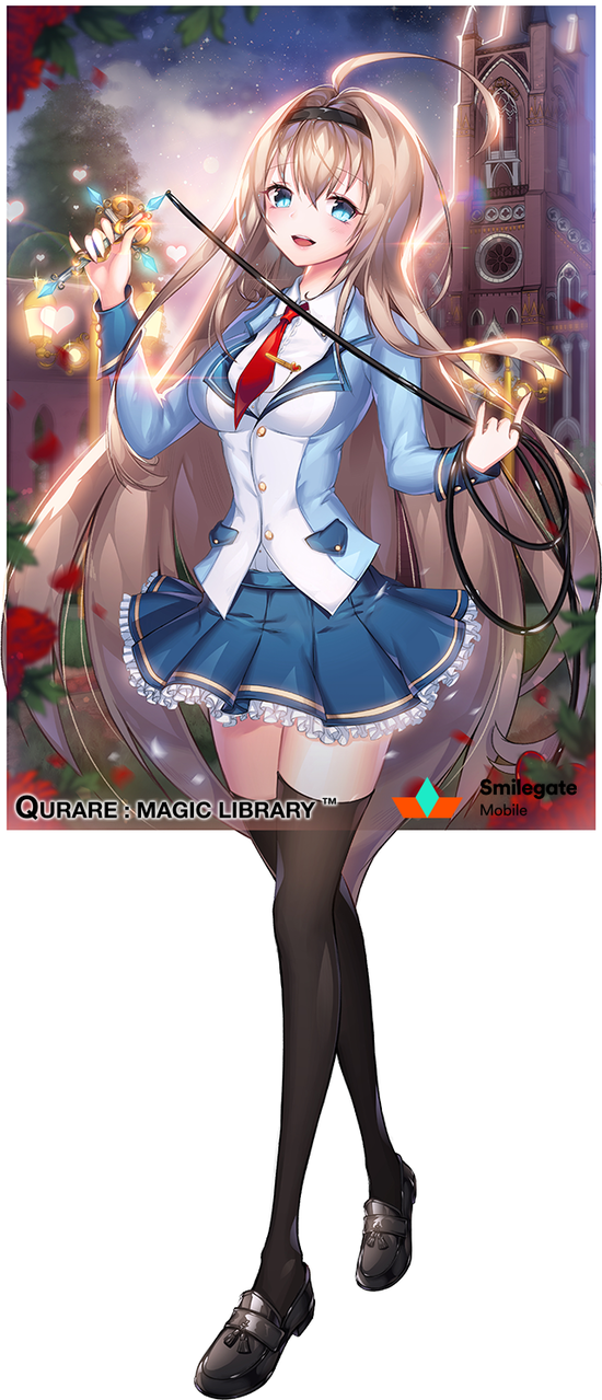 1girl absurdly_long_hair ahoge black_legwear blue_eyes blue_skirt blush breasts company_name copyright_name eyebrows_visible_through_hair full_body hairband heart highres large_breasts long_hair looking_at_viewer necktie parted_lips qurare_magic_library red_necktie skirt smile snow_is solo thigh-highs very_long_hair