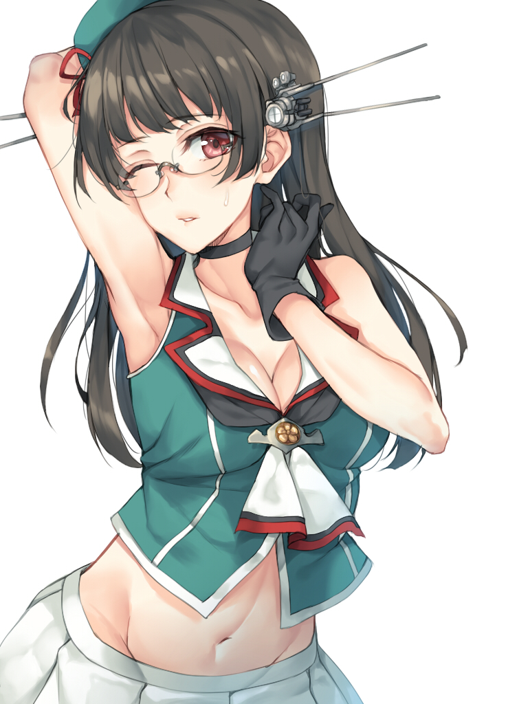 1girl armpits bare_arms bare_shoulders beret black_gloves black_hair breasts choukai_(kantai_collection) cleavage collarbone glasses gloves hat kantai_collection long_hair midriff military military_uniform pleated_skirt red_eyes remodel_(kantai_collection) rimless_glasses rinarisa simple_background skirt sleeveless solo uniform white_background white_skirt