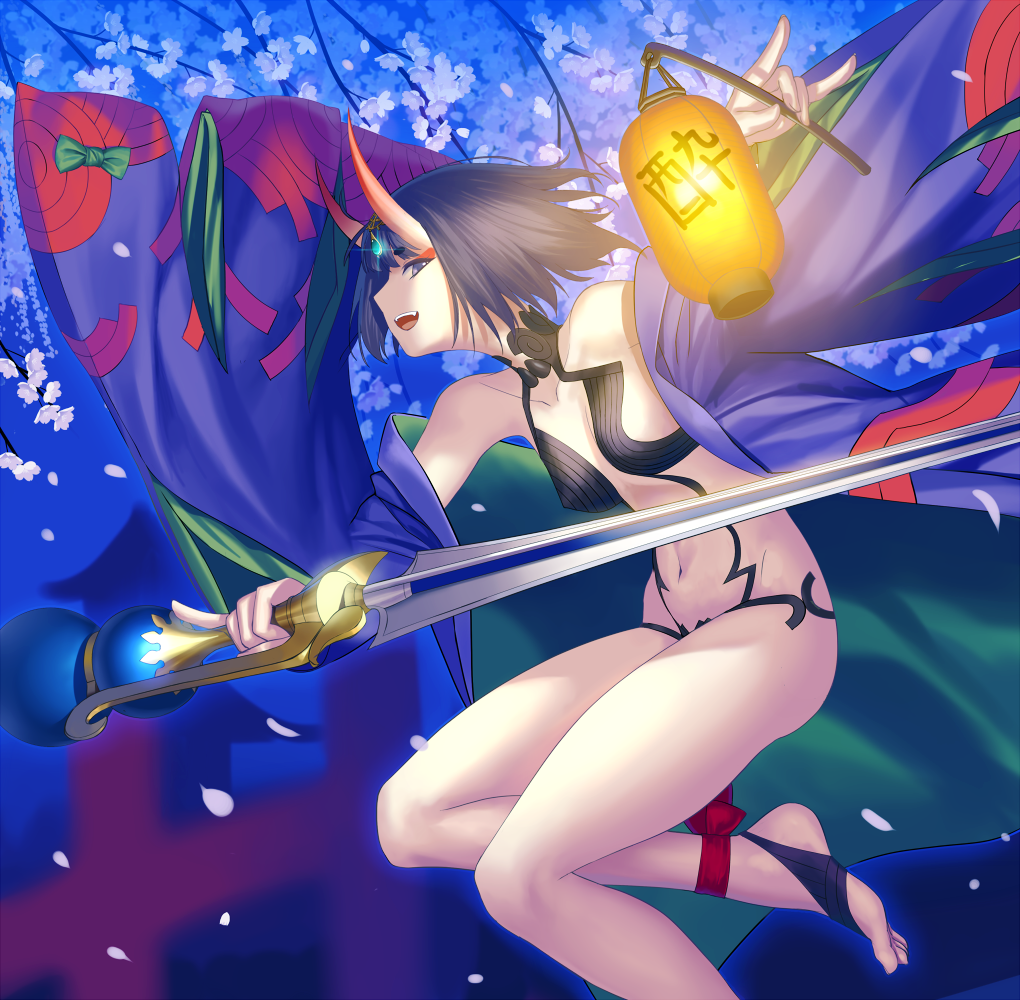 1girl :d ankle_ribbon bangs bare_shoulders barefoot barefoot_sandals black_hair breasts collarbone fate/grand_order fate_(series) feet flower from_side gem glint hair_ornament holding holding_sword holding_weapon horns japanese_clothes jewelry kimono lantern lens_flare looking_at_viewer navel night off_shoulder oni oni_horns open_clothes open_kimono open_mouth paper_lantern petals pinky_out profile purple_hair revealing_clothes revision ribbon short_hair shuten_douji_(fate/grand_order) small_breasts smile solo stomach sword toeless_legwear tsukikanade violet_eyes weapon