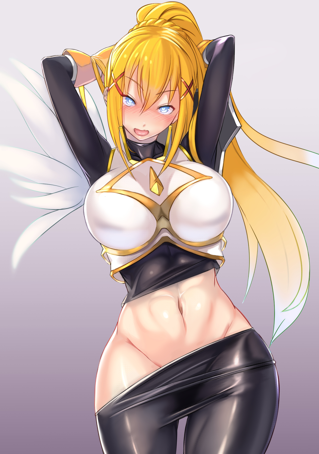 &gt;:d 1girl :d abs arms_behind_head arms_up bangs blonde_hair blue_eyes blush breasts cowboy_shot darkness_(konosuba) groin hair_ornament heart heart-shaped_pupils highres hoshara kono_subarashii_sekai_ni_shukufuku_wo! large_breasts leggings long_hair looking_at_viewer navel open_mouth ponytail skin_tight smile solo spandex stomach symbol-shaped_pupils undershirt x_hair_ornament