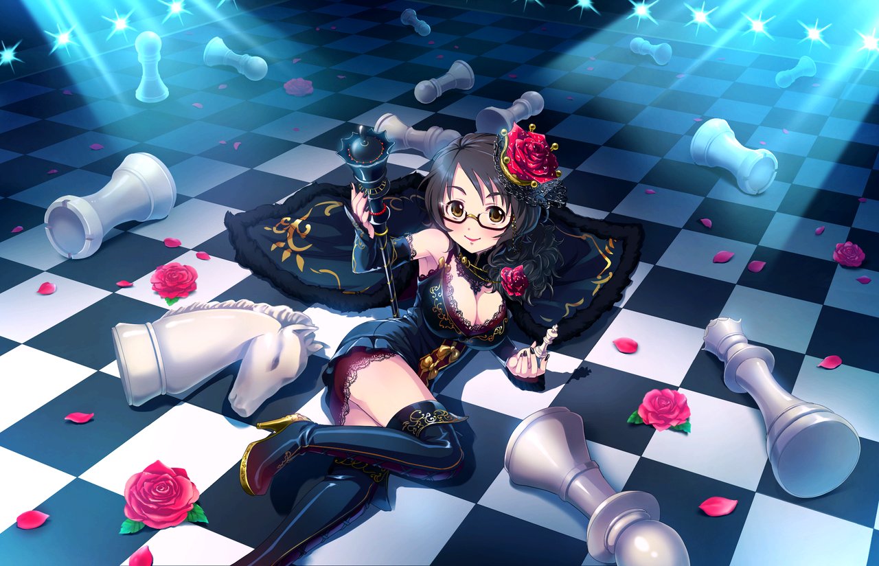 1girl artist_request asano_fuuka black-framed_eyewear black_hair board_game breasts brown_eyes checkered checkered_floor chess chess_piece cleavage detached_sleeves floor flower glasses idolmaster idolmaster_cinderella_girls large_breasts lipstick makeup nail_polish official_art oversized_object red_rose rose scepter semi-rimless_glasses short_hair