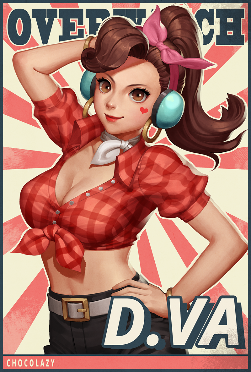 1girl alternate_costume arm_up artist_name belt belt_buckle blue_pants breasts brown_eyes brown_hair buckle character_name chocolazy cleavage collarbone cruiser_d.va d.va_(overwatch) earrings facial_tattoo front-tie_top grey_choker hand_in_hair hand_on_hip head_scarf headphones heart_tattoo hoop_earrings jewelry looking_at_viewer medium_breasts medium_hair overwatch pants plaid plaid_shirt ponytail pose red_lips red_shirt shirt short_sleeves signature smile solo sunburst tattoo upper_body